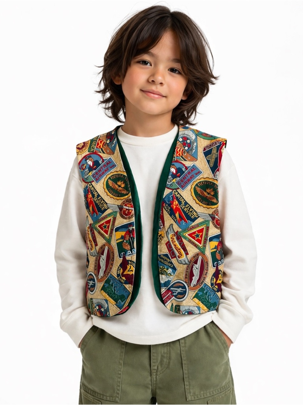 Handmade Vest w/ Retro Airline Travel Patch Print One of a kind